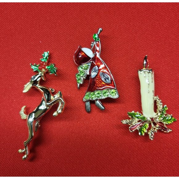 Christmas Pin Brooch Christmas Reindeer Holly Leaf Candle Angel Set of 3 - Picture 3 of 12